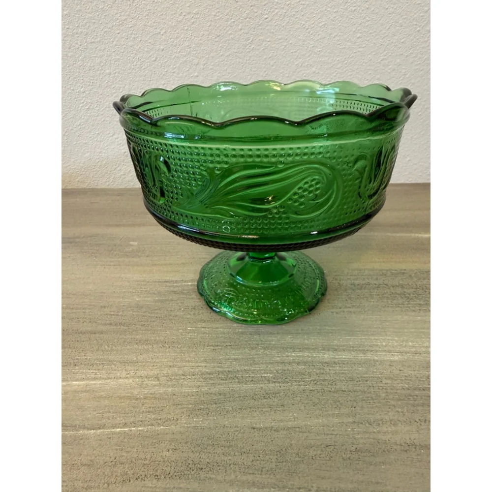 Vintage E.O. Brody Co. Emerald Green Pedestal Glass Bowl Candy Dish MCM